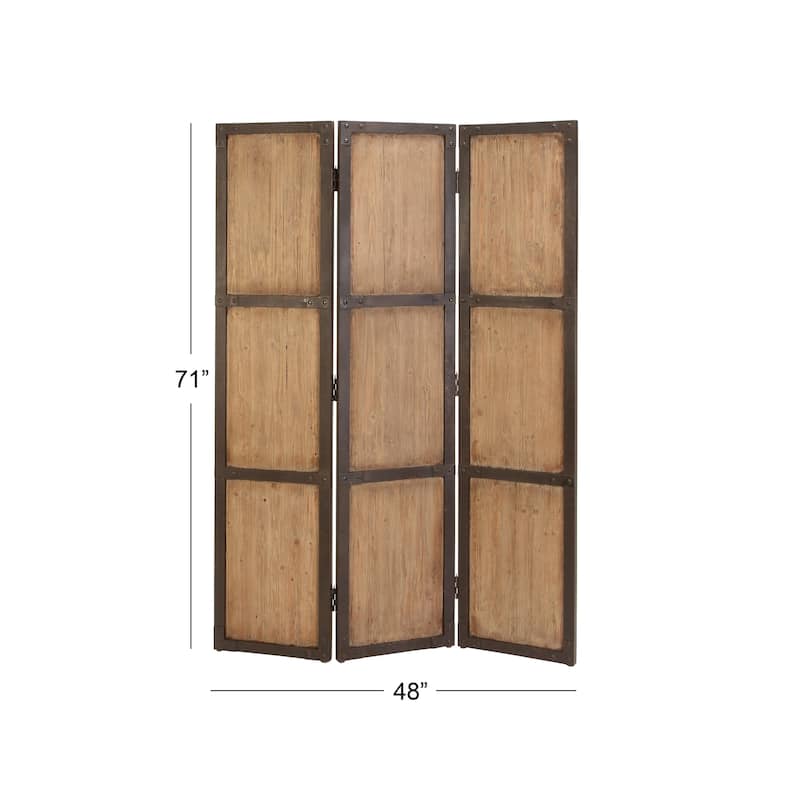 Wood Hinged Foldable Partition 3 Panel Room Divider Screen with Solid Wood Panels - Brown - Roche River Decor - 1"Wx48"Lx71"H