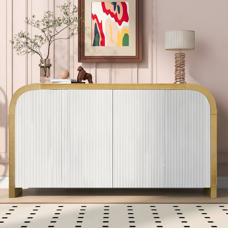 Curved Corner Sideboard Buffet with Wavy Panels and Adjustable Shelves for Living Room Storage - White