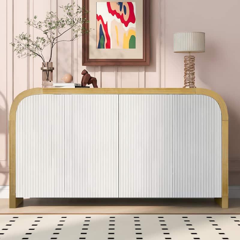 Curved Sideboard with Wavy Door Panel, Corner Wood Hallway Accent Table, Storage Cabinet with Adjustable Shelves & Legs - White