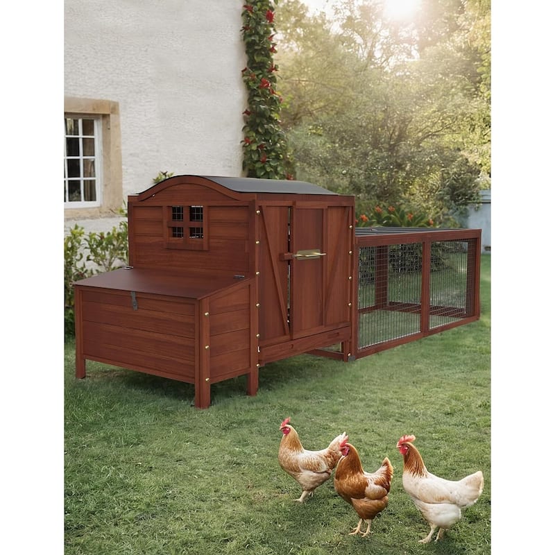 Wooden Chicken Coop, 106" Outdoor Hen House with Run, Red - Red