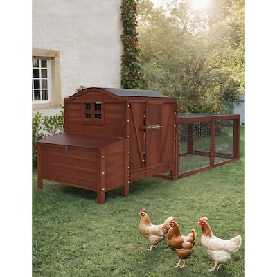 Wooden Chicken Coop, 106" Outdoor Hen House with Run, Red