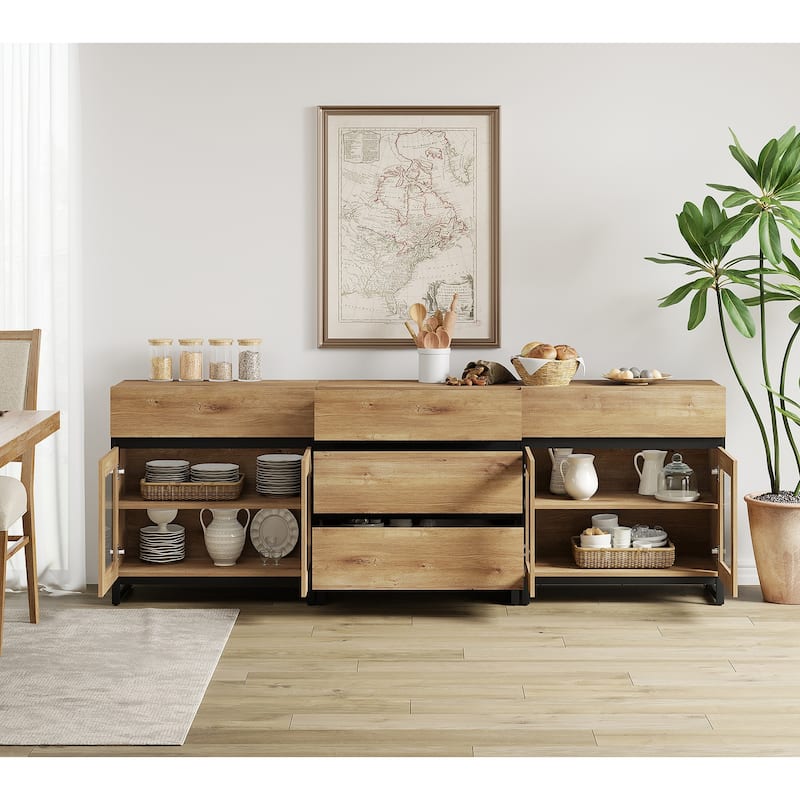 WAMPAT 3 in 1 Multifunctional Sideboard Buffet Cabinets with Glass Doors and 5 Drawers for Living Room, Kitchen