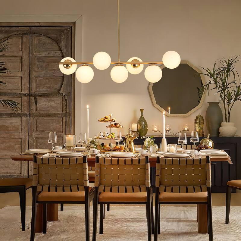 7-Light Mid-Century Modern Gold/Black Sputnik Metal Island Lights with Opal Glass Globe Shades for Kitchen, Dining Room