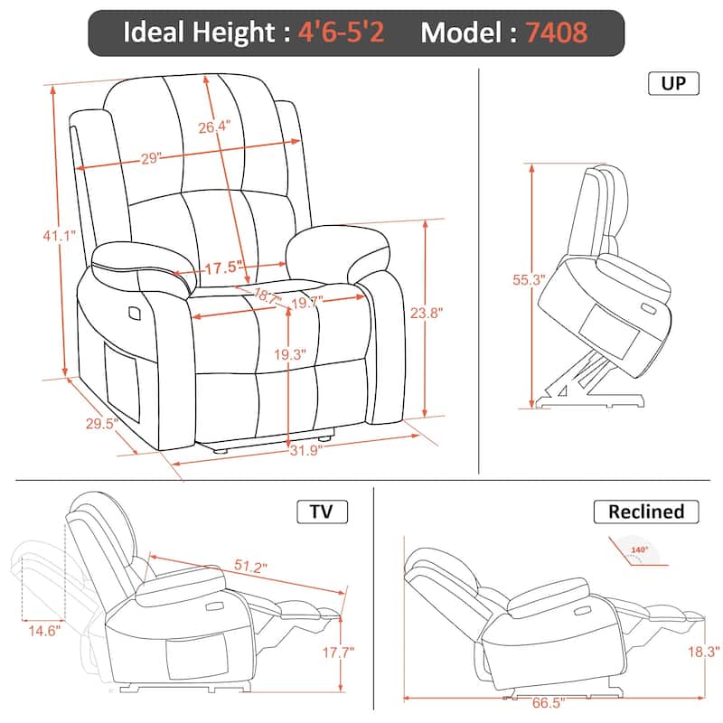 MCombo Small Sized Power Lift Recliner Chair with Massage and Heat, USB Ports, Faux Leather 7409