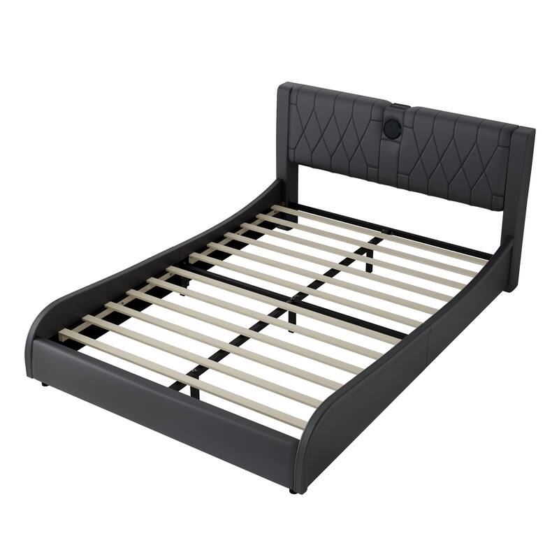 Queen Size Luxurious Faux Leather Upholstered Platform Bed with Thickened Headboard, Bluetooth Speakers and RGB LED Light