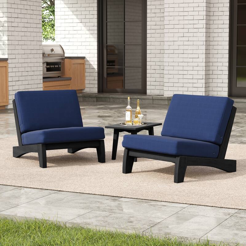 3-piece Outdoor Patio Teak Wood Club Chairs with Side Table - Navy-BlackFrame