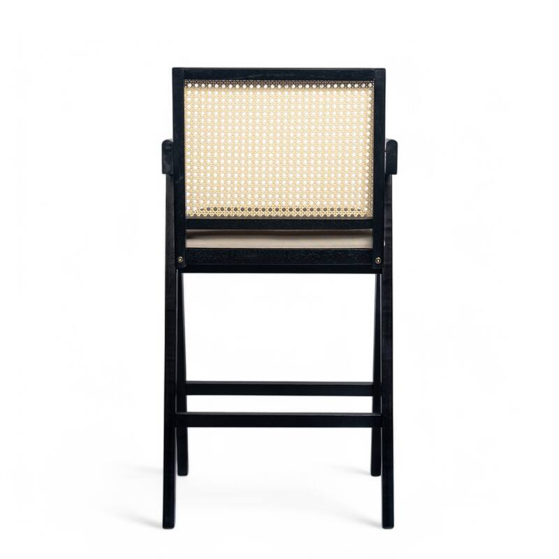 Roomfitters Modern Woven Cane Back Bar Stool with Upholstered Seat, Rubberwood Frame, Set of 2