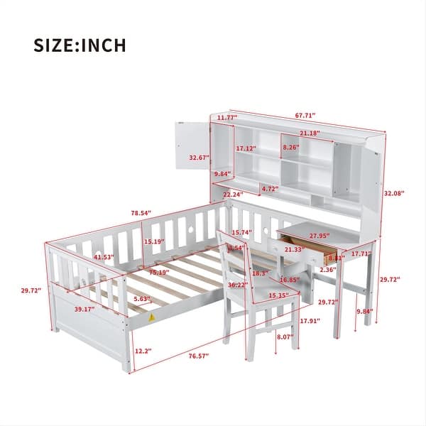 dimension image slide 1 of 3, Twin Size Kids Student Platform Bed with Bookshelf Headboard, Built-in Desk and Matching Chair Suit for Kids Bedroom or Dorm