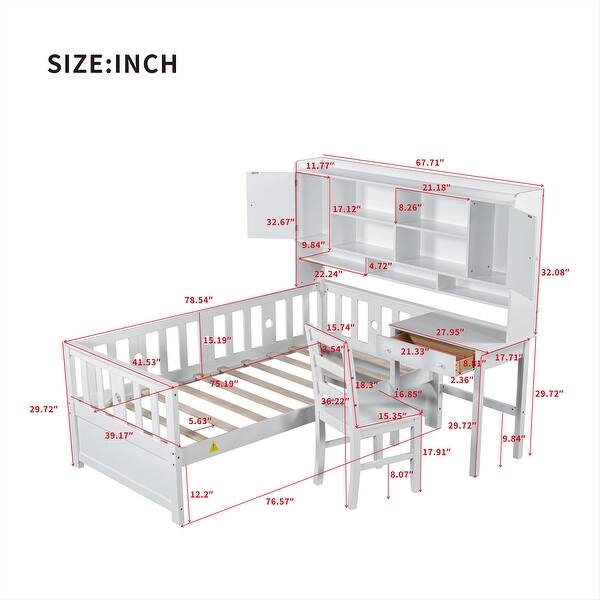dimension image slide 0 of 3, Twin Size Multifunctional Wood Platform Bed with All-in-One Cabinet and Shelf, Built-in Desk and Matching Chair for Kids, Teens