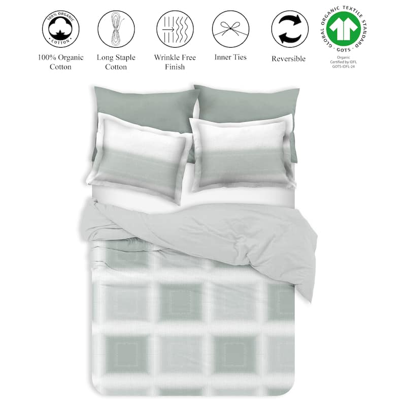 Delara GOTS Certified 100% Organic Cotton Check Reversible Print Duvet Cover and Sham Set of 2, Green