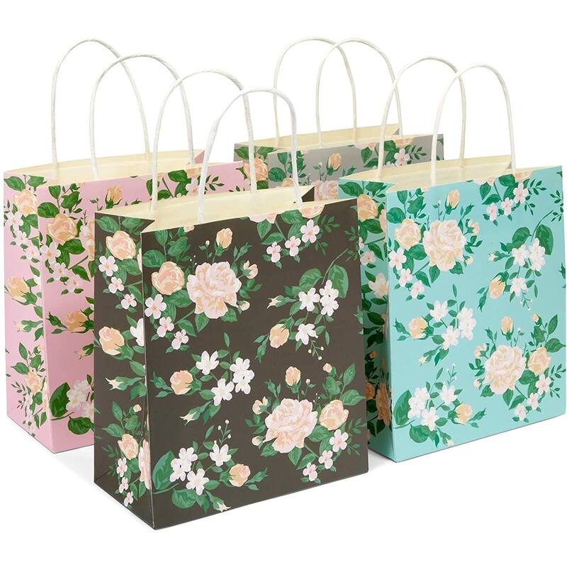 Blue Panda Small Floral Kraft Gift Bags with Handles in 4 Colors (8 x 9 x 4 in, 12 Pack)