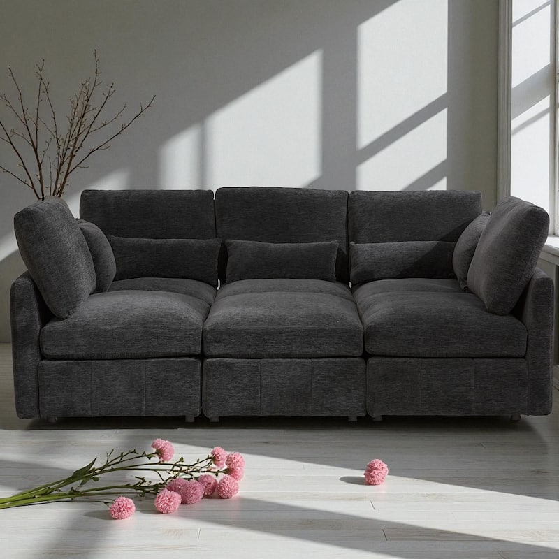 85.4" Modular Sectional Sofa with Movable Ottoman, USB Ports and Phone Holder, Chenille U-Shape Couch for Living Room - Black