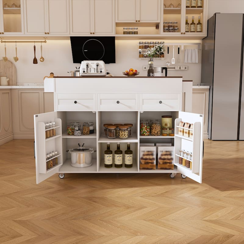 74.8"Kitchen Island with Extendable Dining Table & Power Outlet-Rolling Storage Cart on Wheels with 3 Drawers & 2 Door Cabinet