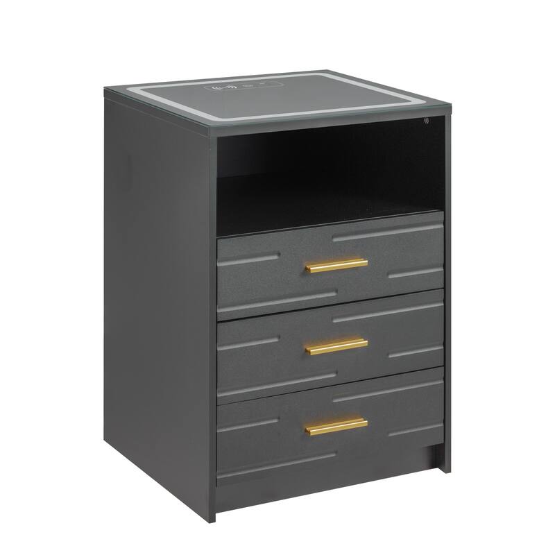 EROMMY Smart Nightstand with Wireless Charging, USB Ports, and Adjustable LED Lighting – Modern Bedside Table with 3 Drawers