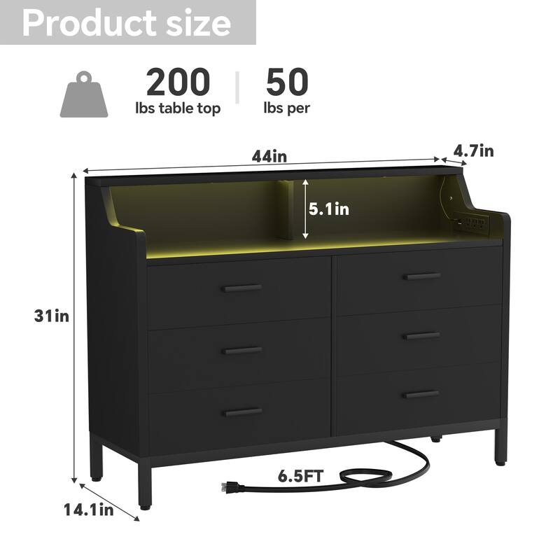 6 Drawers Dresser with Charge Station and LED Light, Closet Organizer for Bedroom