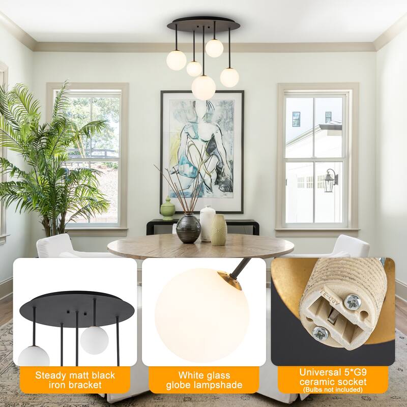 5 Light Branch Semi-Flush Mount Lighting with Milky White Glass Globes