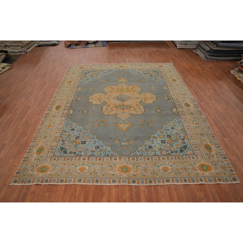Hand Knotted Oriental 100% Wool Carpet Traditional Medallion Greys & Charcoal Tabriz Area Rug - 12' 3'' X 9' 9''