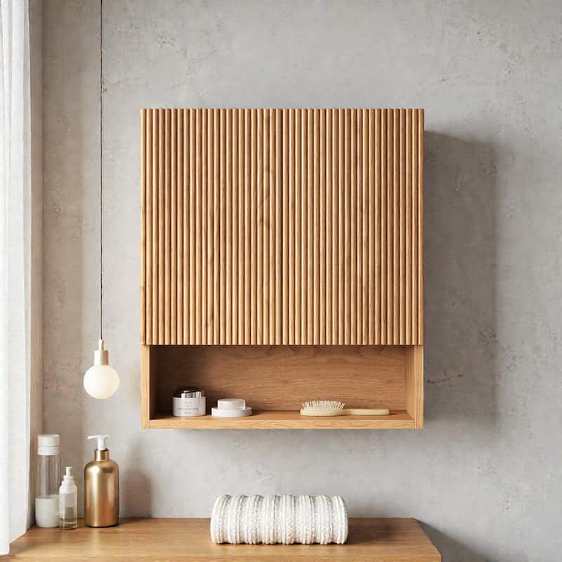 26" Wall-Mounted Striped Bathroom Storage Cabinet with Doors, Shelf & Open Compartment, Over-The-Toilet Organizer - Natural