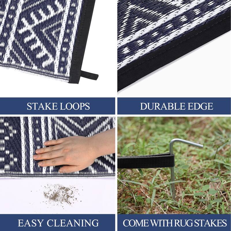 Outdoor Rug Waterproof Patio Rug Mat Geometric Rug Plastic Straw Outside Rug for RV Camping Picnic Reversible Rug