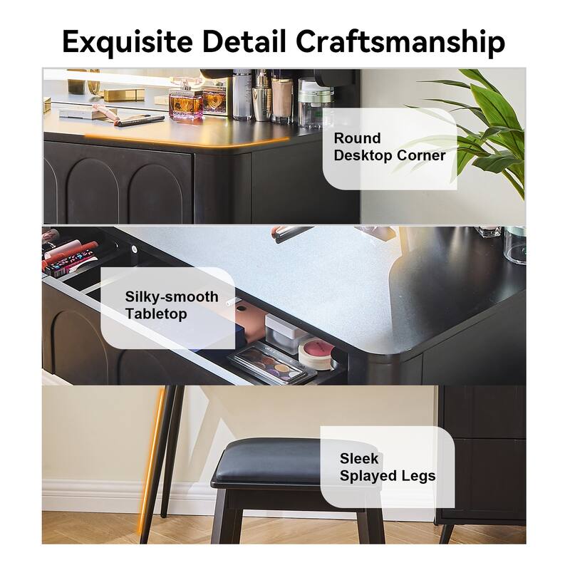 Modern Makeup Vanity Desk with LED Lights & Mirror, Extendable Dressing Table Set with Stool, 4 Drawer & Side Cabinet