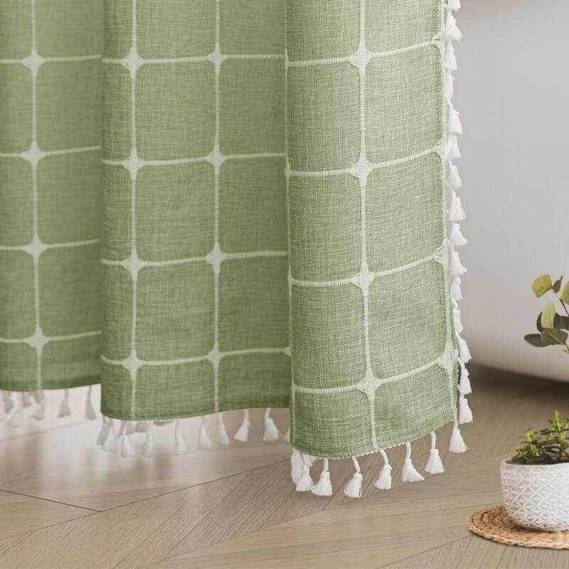 No Hooks Linen Textured Geometric Tassels Shower Curtain with Snap-in Liner
