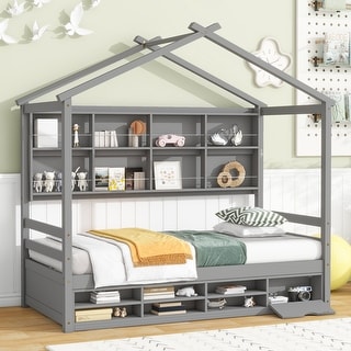 Grey Twin Size House Bed with Roof Frame and Under Bed Storage