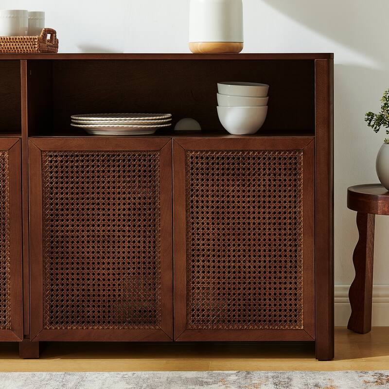 63" Mid Century Modern Rattan Sideboard Buffet Cabinet with Storage