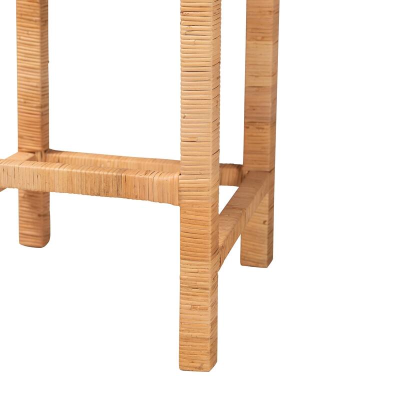 Zariah Modern Bohemian Natural Brown Rattan and Mahogany Wood Bar Stool