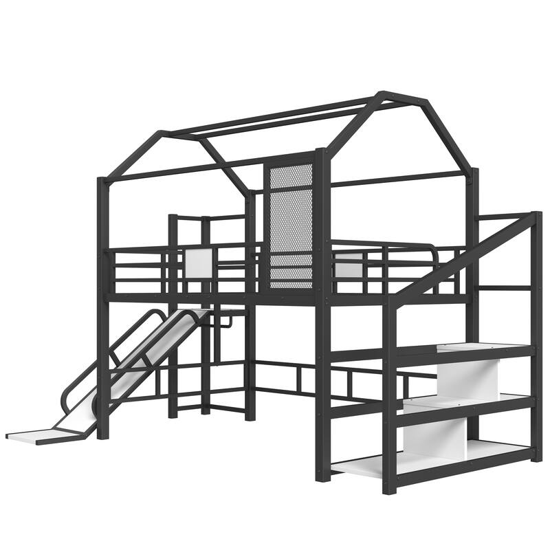 Roomfitters House Loft Bed with Slide and Stairs, Metal Playhouse Frame with Storage Shelves