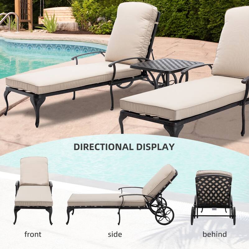 3-Piece Aluminum Reclining Outdoor Chaise Lounge with Cushions and Table