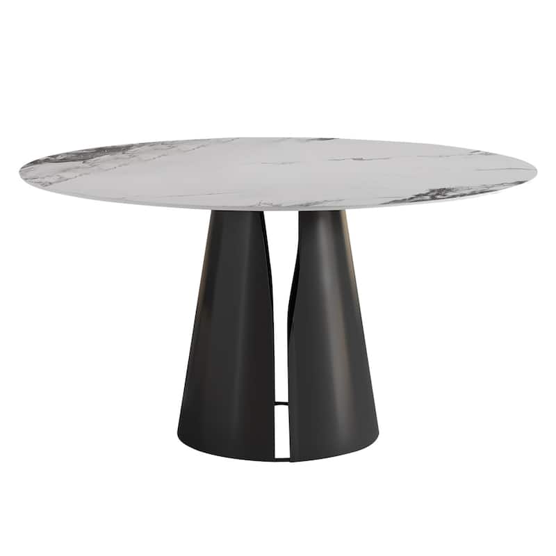 Modern Stone Table Top Carbon Steel Black Pedestal Base Dining Table - 4 Seats - Jade White