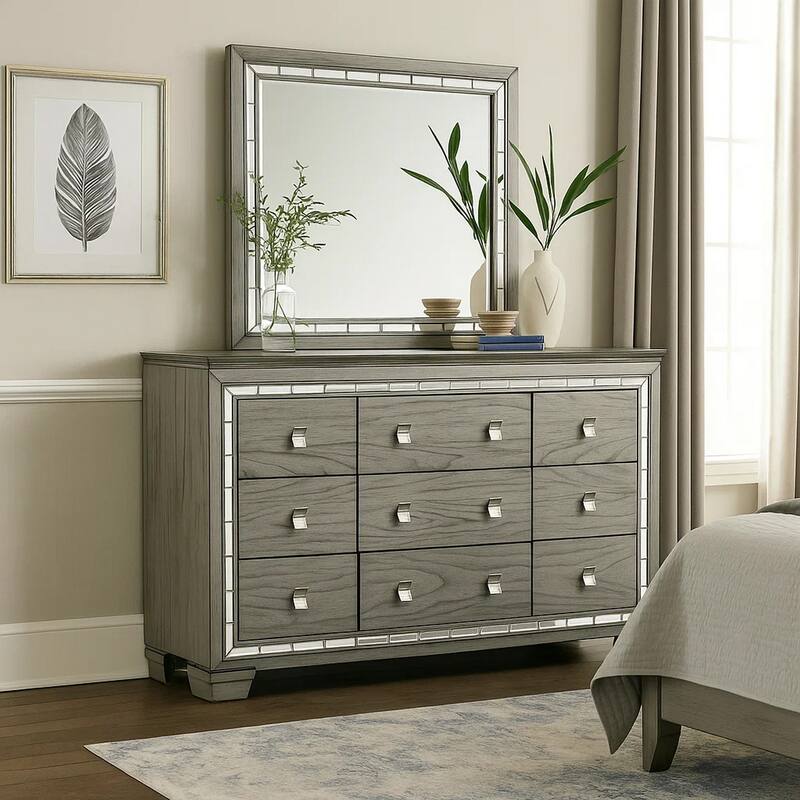 Dresser with 9 Drawers and Mirror Trim Inlay, Gray