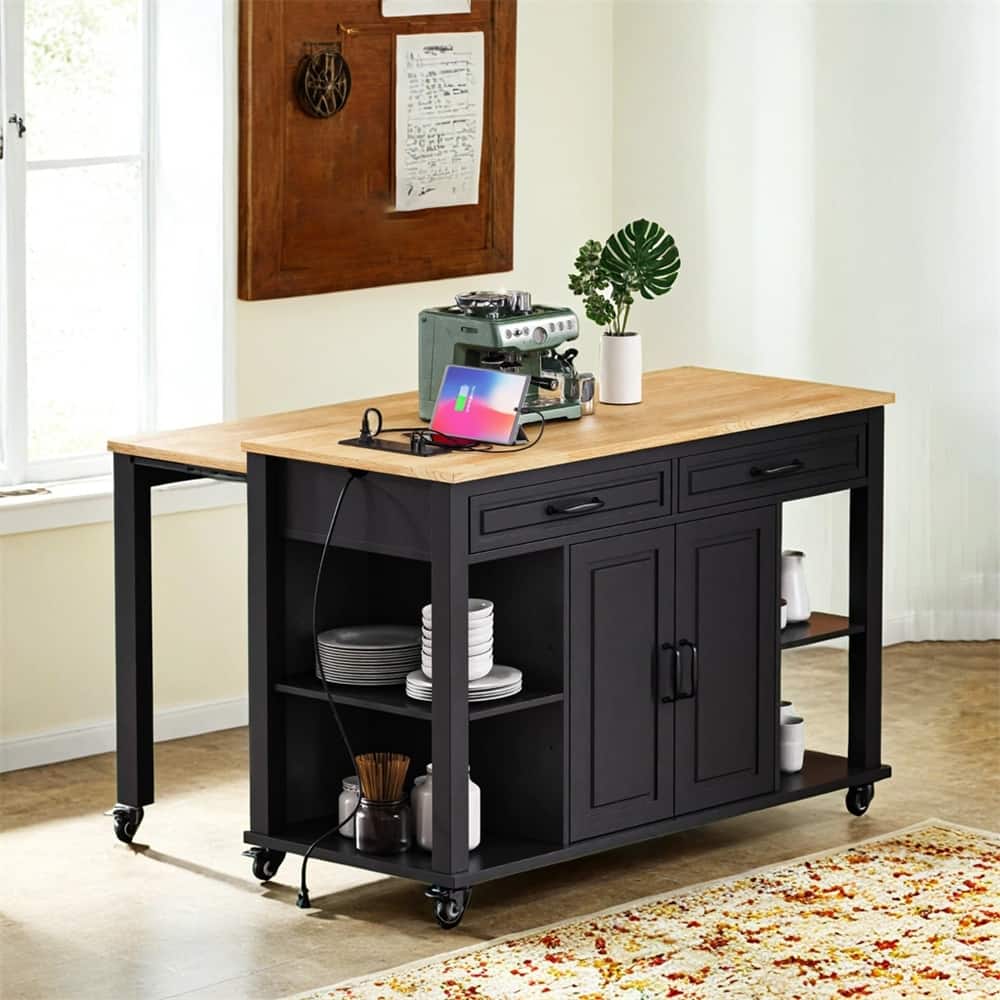 47"Kitchen Island w/Extendable Dining Table,Wood Veneer Kitchen Table