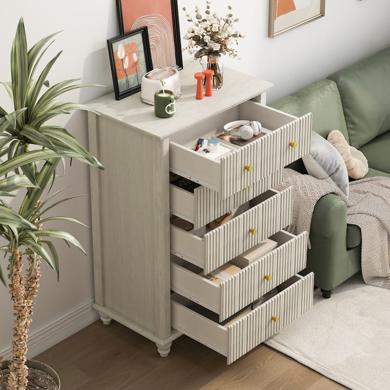 Fluted 5 Drawer Dresser, 45 Inch Tall Modern Chest of Drawers, Bedroom Dresser with Metal Handle, Wooden Drawer Organizer