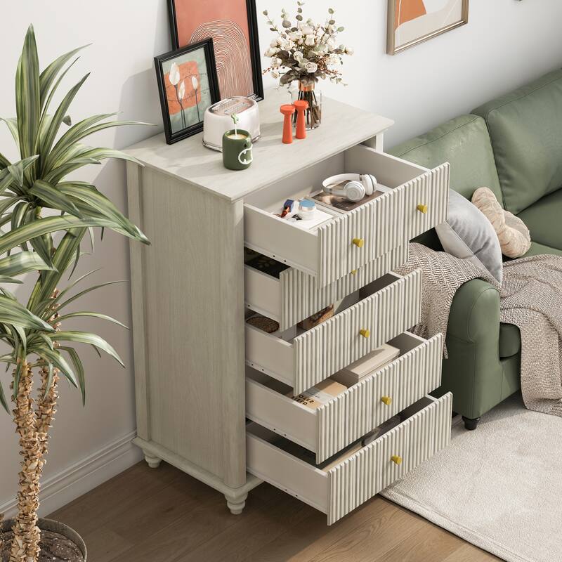 Fluted 5-Drawer Dresser in Beige, Versatile Wooden Storage Solution