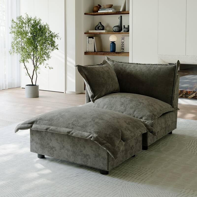 Casual 40"W Oversized Soft Comfy Cloud Chenille Chaise Lounge with Ottoman - Left Facing - Grey