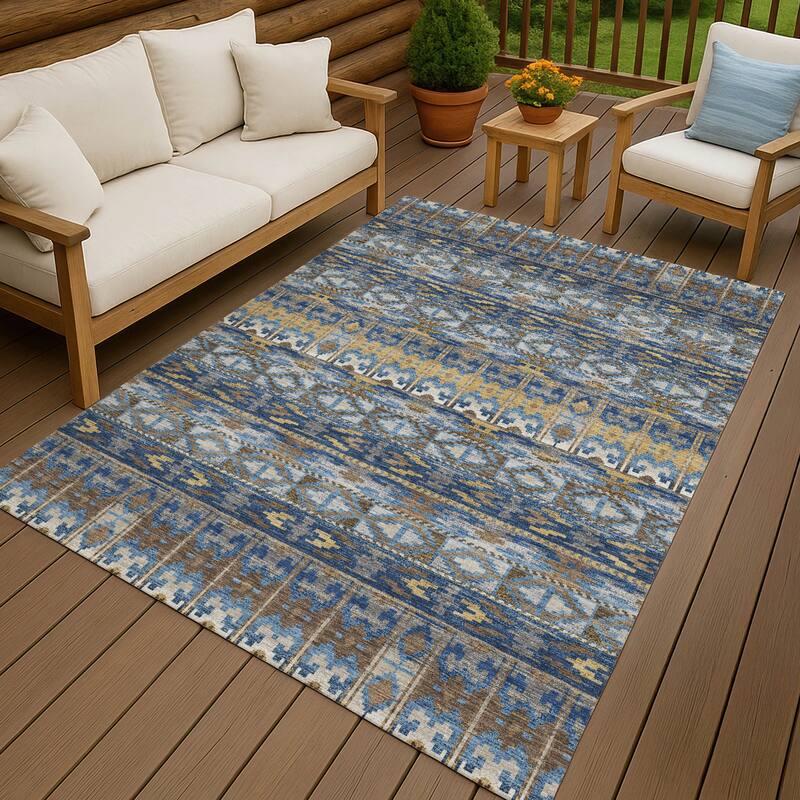 Machine Washable Indoor/ Outdoor Global Haswell Chantille Rug - Navy - 10' x 14'