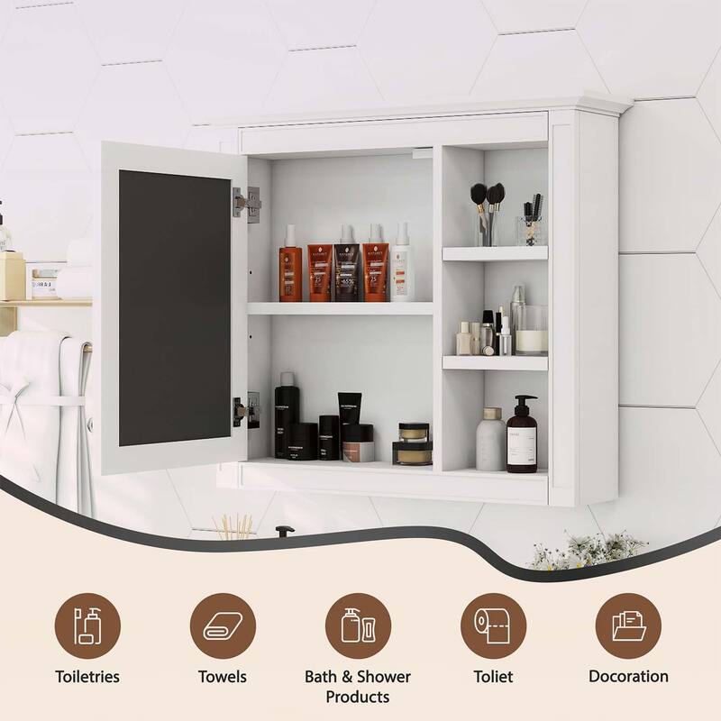 30'' x 28'' Wall Mounted Bathroom Storage Cabinet with Mirror,Modern Design,3 Open Shelves,and Concealed Storage