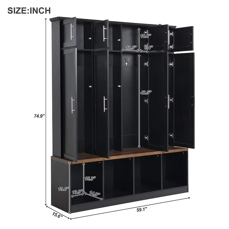 Hall Tree Storage Cabinet with 4 Hidden Hooks, Bench, and Open Compartments