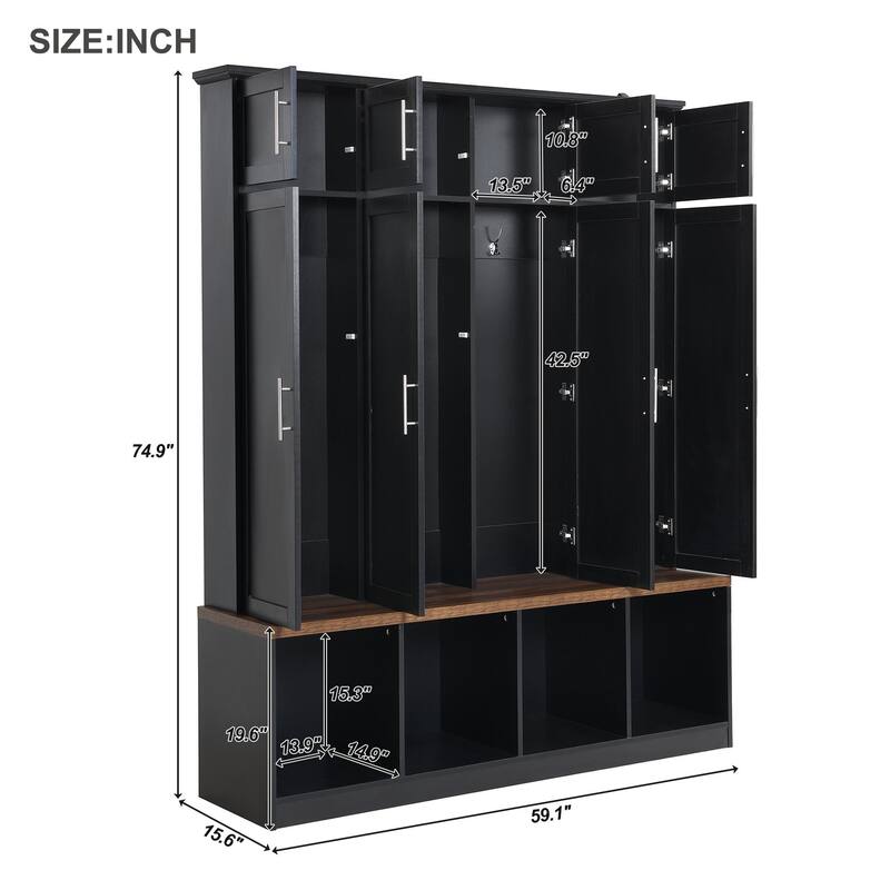 Hall Tree with 4 Hidden Hanging Hooks, Shoe Storage Bench with Storage Cabinets and Shelves, Coat Rack with Open Compartments