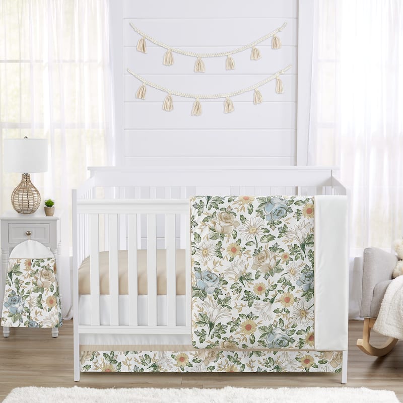 Vintage Floral Blue Yellow 4pc Nursery Crib Bedding Set Slate Green Gold Orange Taupe White Shabby Chic Flower Boho Bohemian
