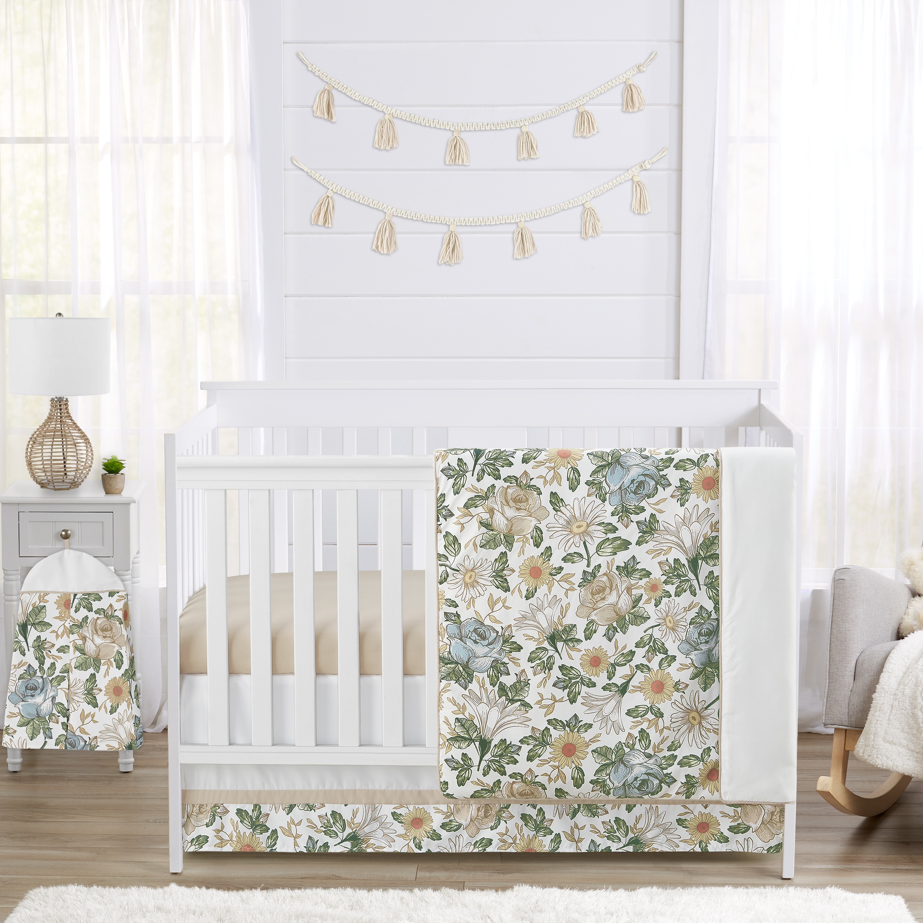 Vintage Floral Blue Yellow 4pc Nursery Crib Bedding Set Slate Green Gold Orange Taupe White Shabby Chic Flower Boho Bohemian