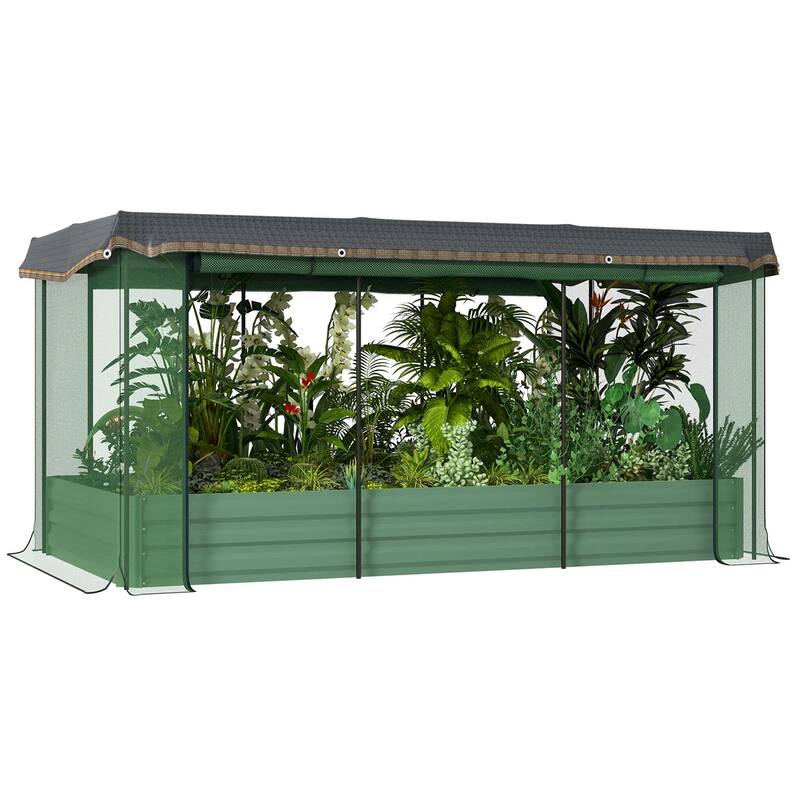 Green Galvanized Steel Raised Garden Bed with Crop Cage and Shade - Green-Black