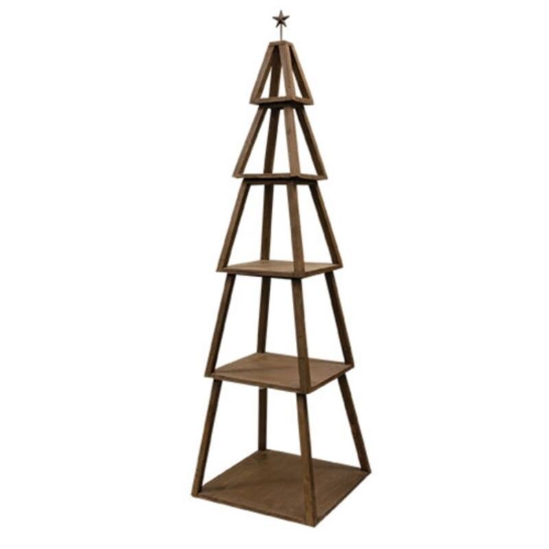 Distressed Wooden Christmas Tree Shelf with Stacking Pieces and Metal Star for Farmhouse Decor