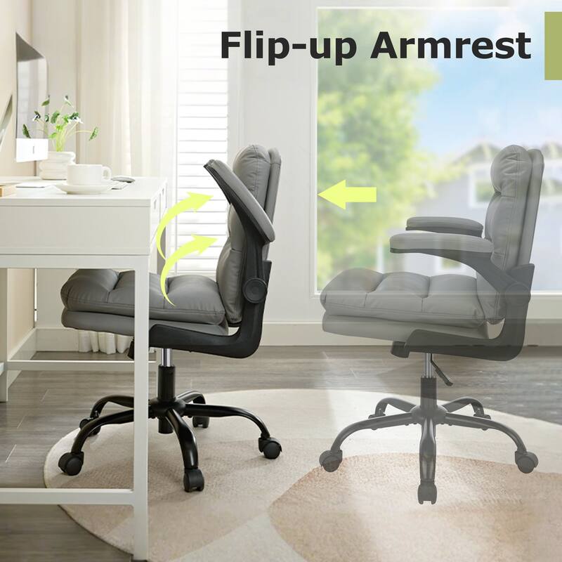 Javlergo White PU Leather Office Chair Adjustable Back 360° Swivel Chair with Flip-Up Arms Ergonomic Desk Chair for Home Office