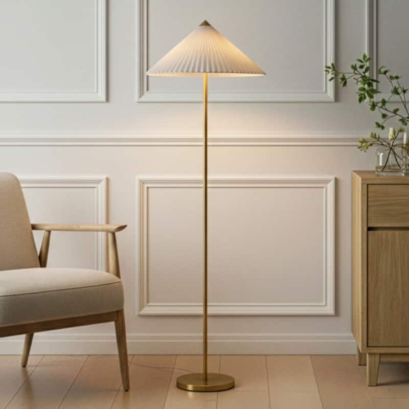 Brightech Sienna 62.5 in Antiqued Brass Mid-Century 2-Light 10W 550Lm 3000K LED Column Floor Lamp With White Linen Empire Shade