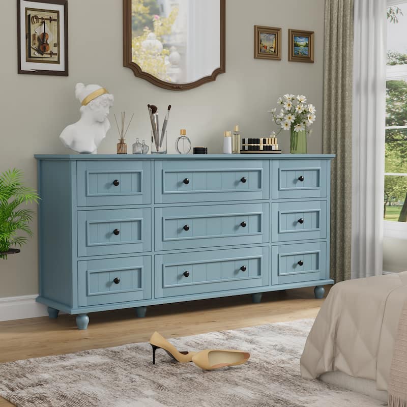 Vintage 9-Drawer Dresser Retro Storage Cabinet with Solid Legs - Blue