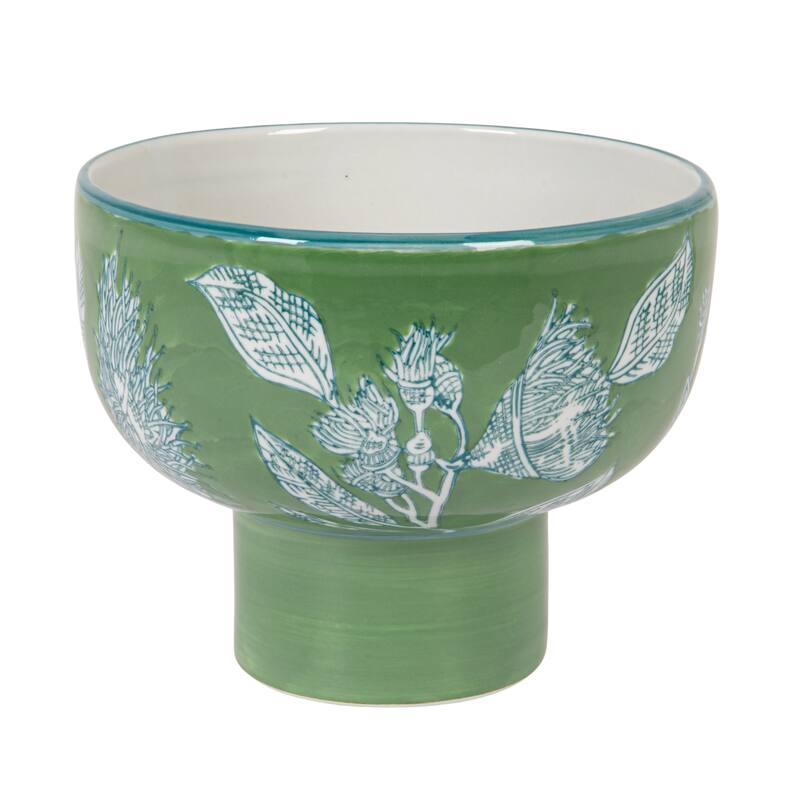 Stoneware Pedestal Bowl with Botanical Detailing - 8.25"L x 8.25"W x 6.5"H