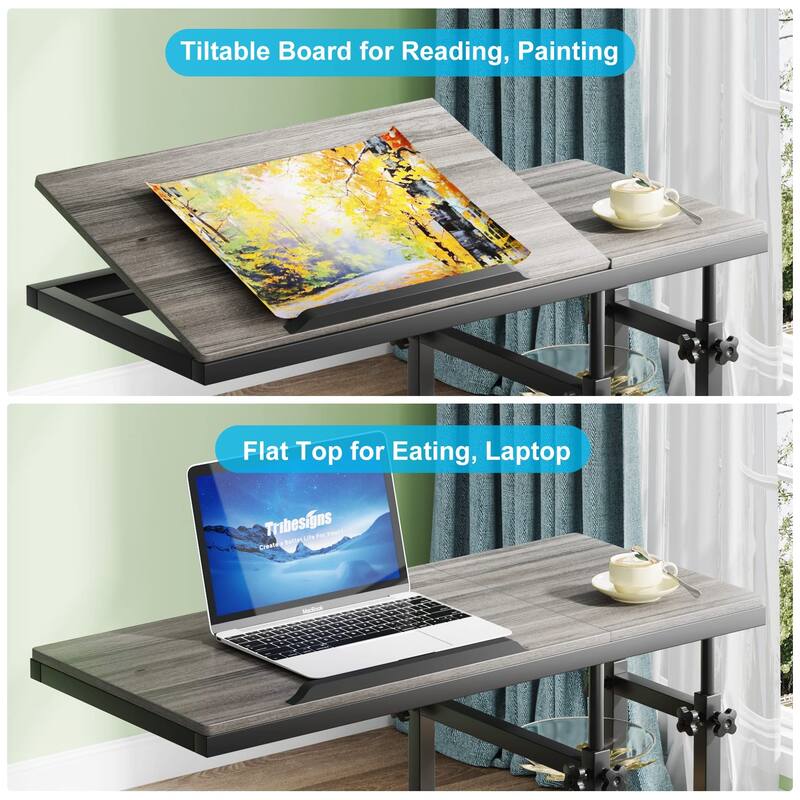 Height Adjustable C Side Table with Wheels, Sofa Bedside Laptop Desk