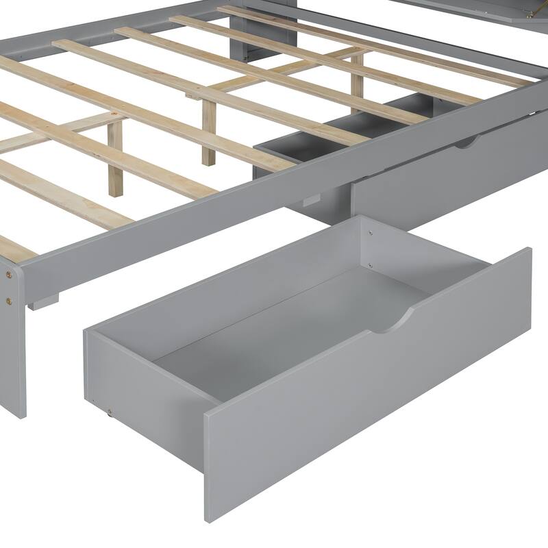 Full Size Wooden Platform Bed with USB, Storage Headboard & Drawers